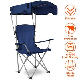 Foldable Beach Canopy Chair Sun Protection Camping Lawn Canopy Chair 330LBS Load Folding Seat w/ Cup Holder For Beach Poolside Travel Picnic (Color: Navy Blue)